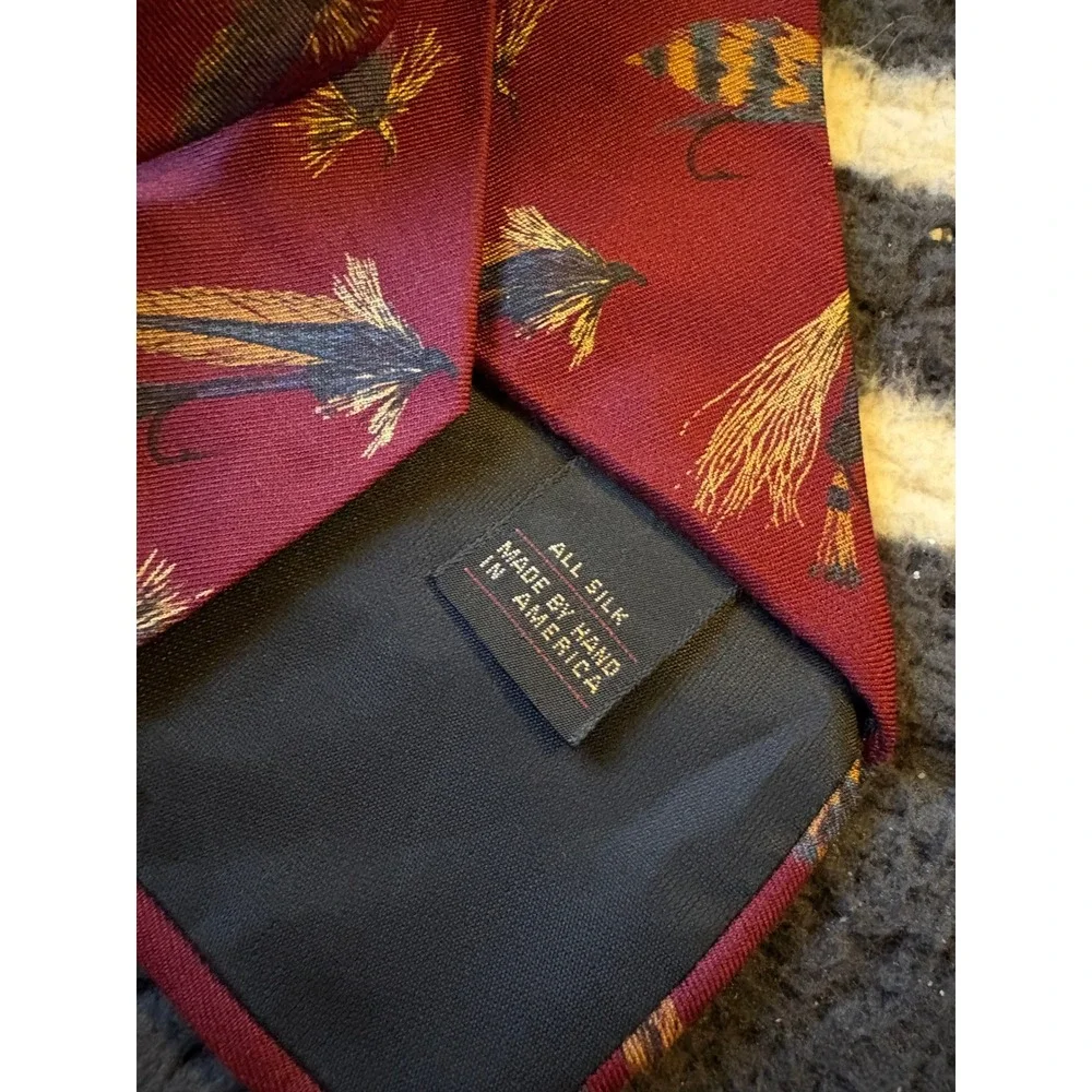 Ferrell Reed Mens Silk Tie Burgundy Red Fly Fishing Lures Feathers Made in USA